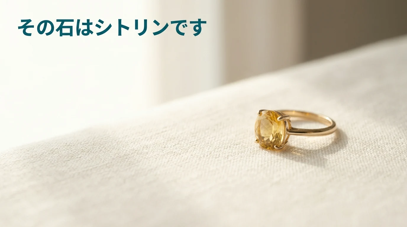 黄色い石が留められた指輪。「シトリントパーズ」と書かれていても、その石はシトリンであることを示す