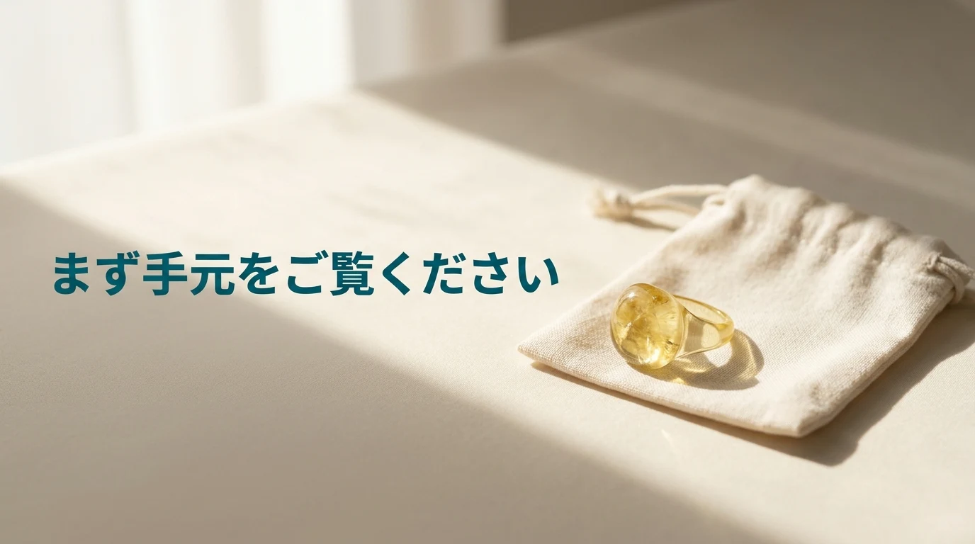 布の上に出された黄色い石の指輪と布袋。まず手元の品を見返せばよいことを示す