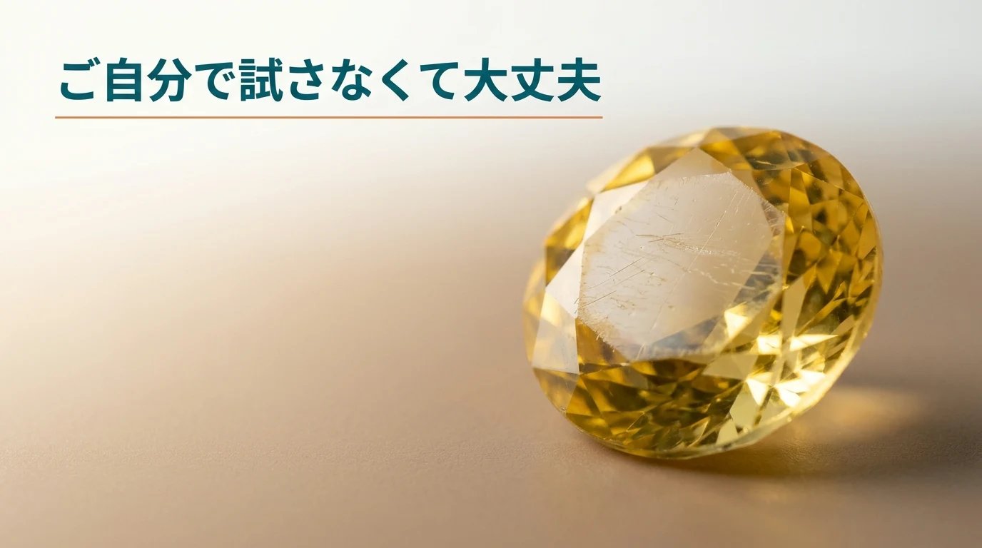 表面に細かい傷が入った黄色いルース。自分で確かめようとして石を傷つけないでよいことを示す