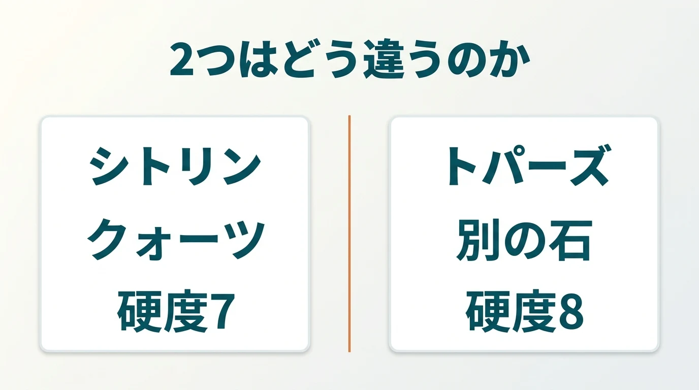 シトリンとトパーズの違いを示した図。シトリンはクォーツで硬度7、トパーズは別の石で硬度8
