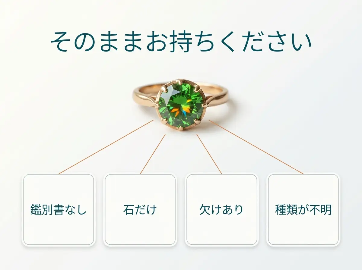 デマントイドガーネットの指輪と、鑑別書なし・石だけ・欠けあり・種類が不明でも査定できることを示した図