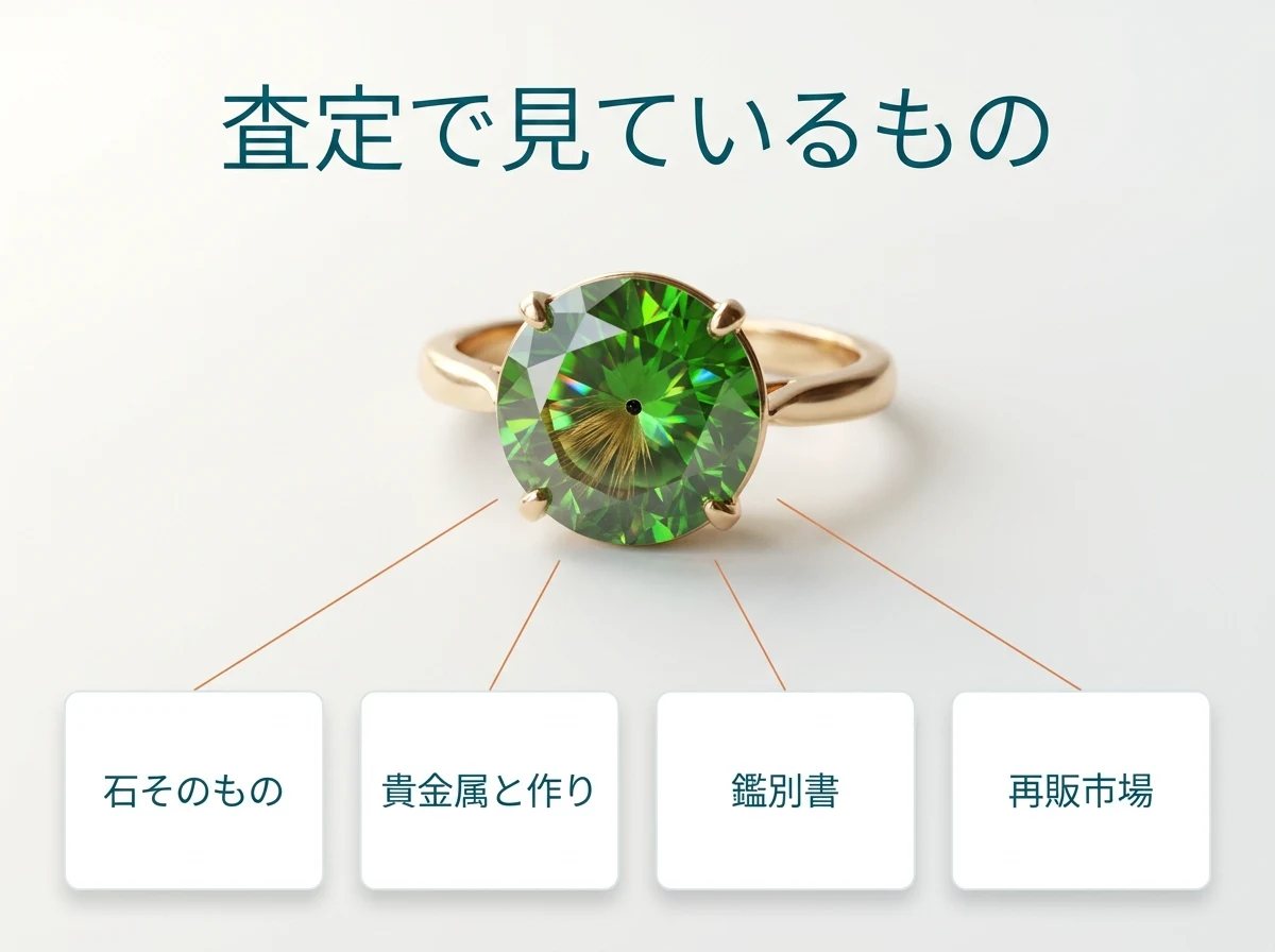 デマントイドガーネットの指輪と、査定で見ている4つの領域を示した図