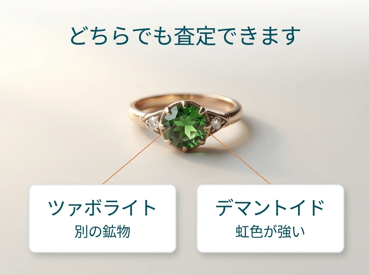 緑のガーネットの指輪と、ツァボライトかデマントイドかどちらでも査定できることを示した図