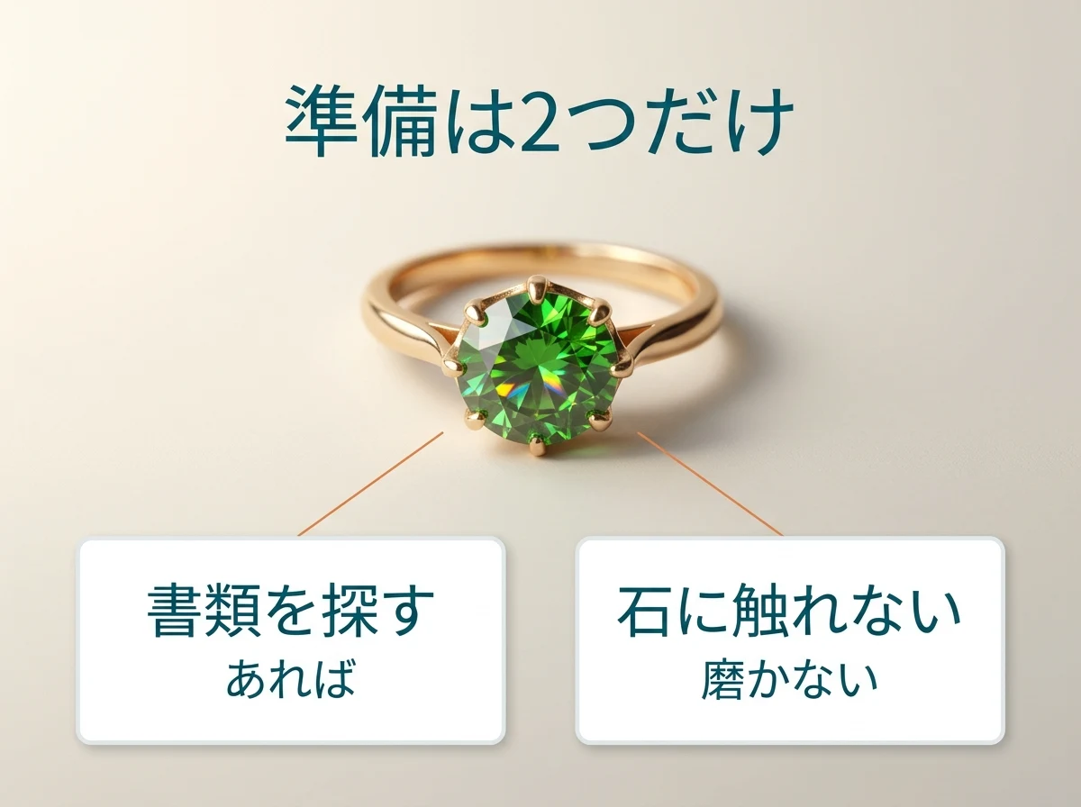 デマントイドガーネットの指輪と、売る前の準備が書類を探すことと石に触れないことの2つだけであることを示した図
