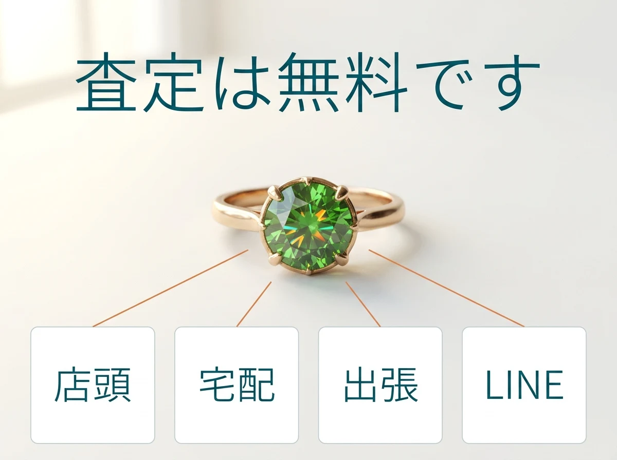 デマントイドガーネットの指輪と、店頭・宅配・出張・LINEの4つの査定方法を示した図