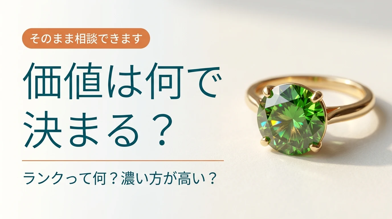 デマントイドガーネットの指輪と、価値は何で決まるのかという記事の問いかけを示した画像