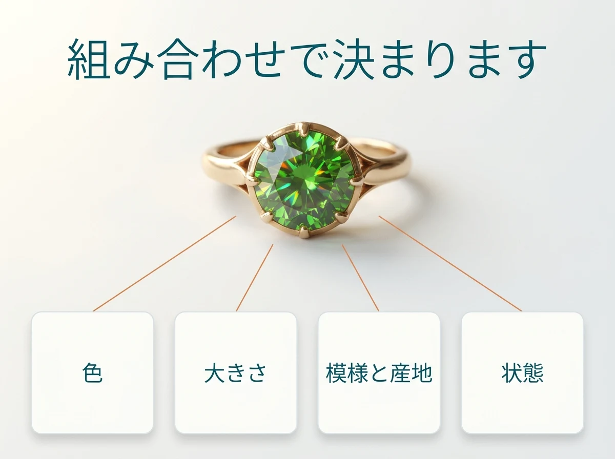 デマントイドガーネットの指輪と、価値を決める主な要素(色・大きさ・模様と産地・状態)を示した図