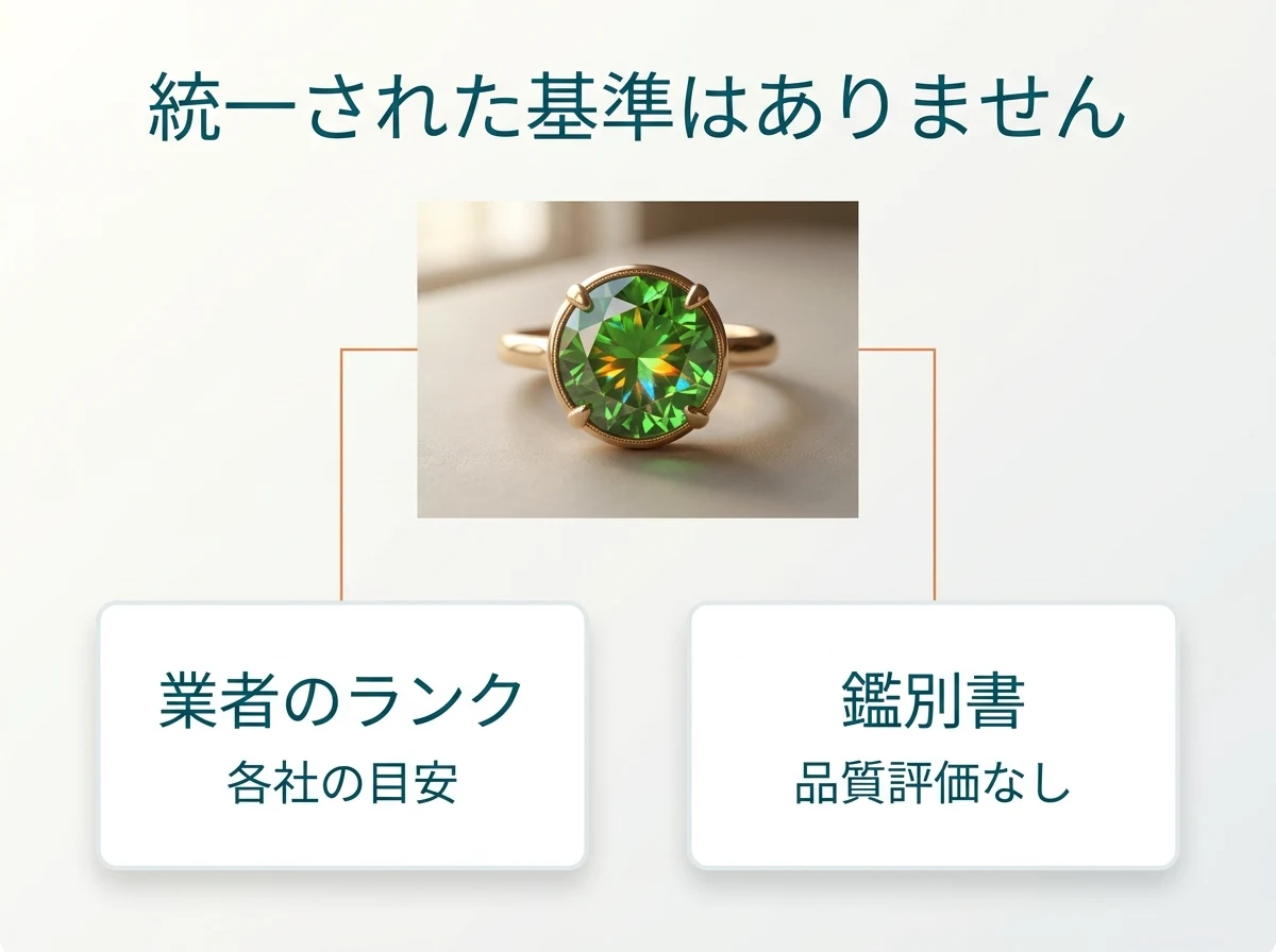 デマントイドガーネットの指輪と、業者のランクと鑑別書がそれぞれ何を示すかを並べた図