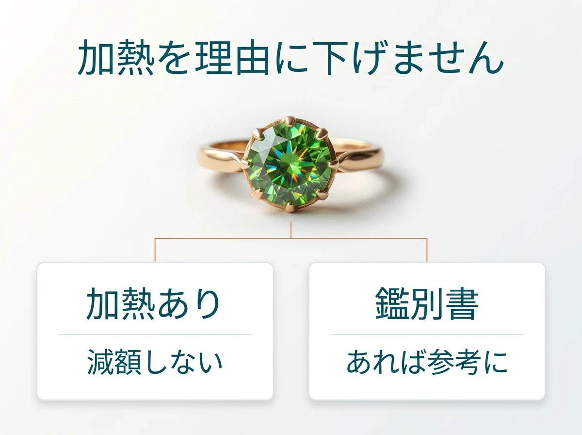 デマントイドガーネットの指輪と、加熱されている場合と鑑別書がある場合の査定での扱いを示した図
