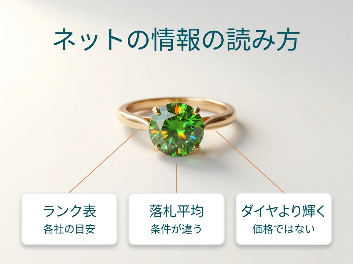 デマントイドガーネットの指輪と、ランク別価格表・落札平均・「ダイヤモンドより輝く」という情報の読み方を並べた図