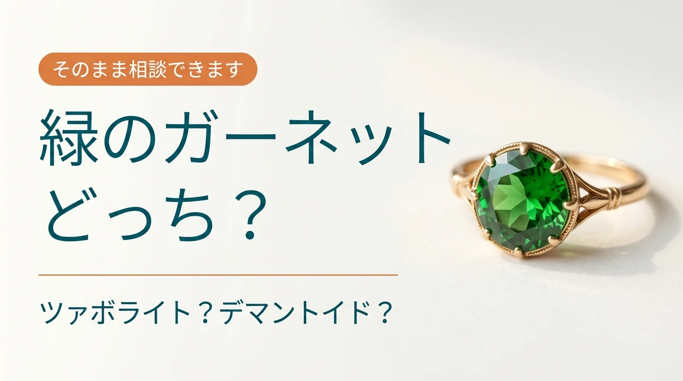 緑のガーネットの指輪と、ツァボライトかデマントイドかという記事の問いかけを示した画像