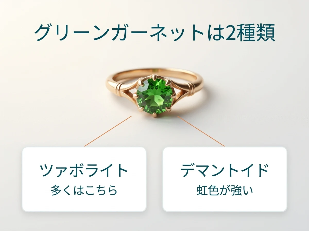 緑のガーネットの指輪と、その呼び名に含まれるツァボライトとデマントイドの2種類を示した図