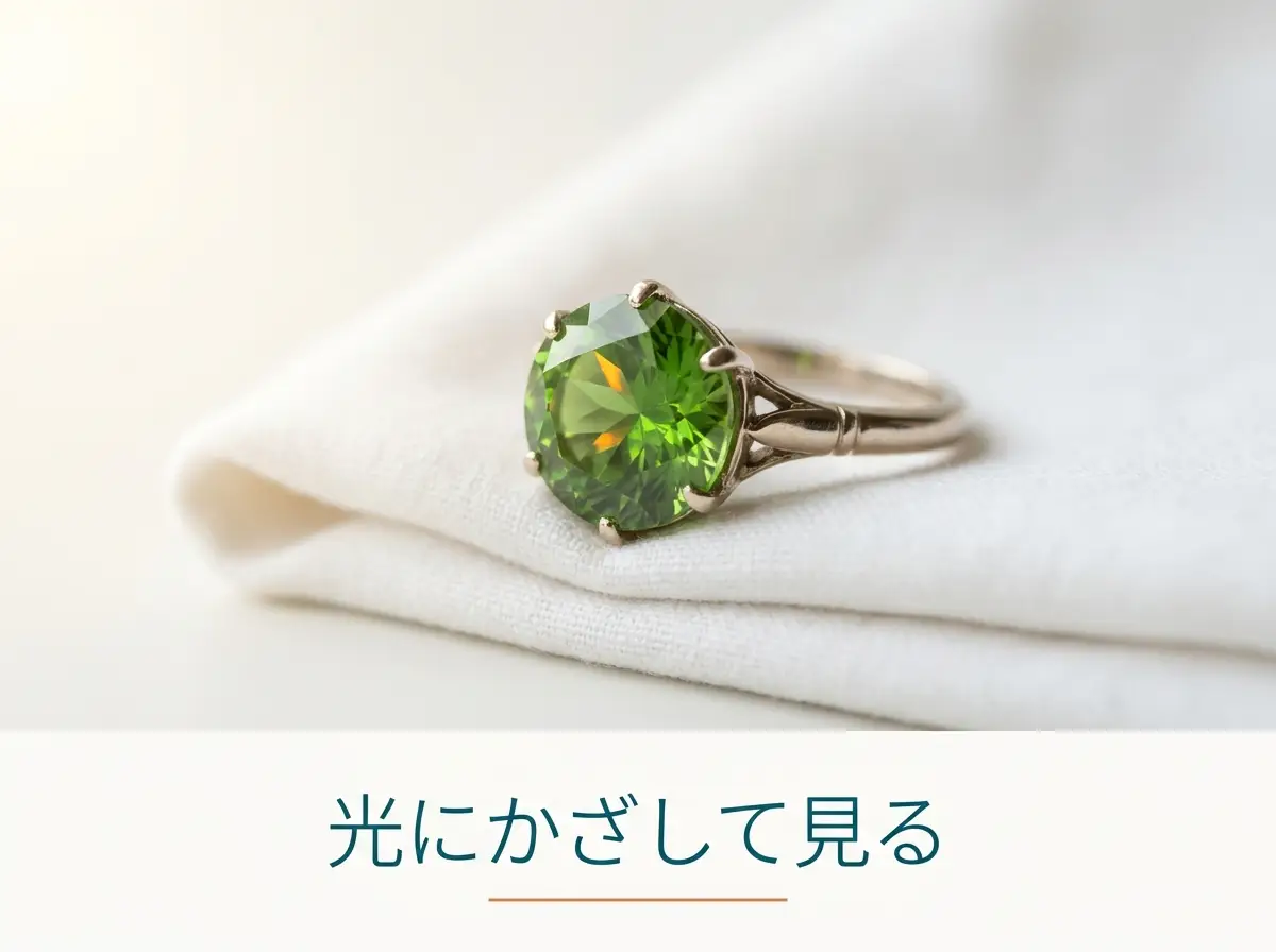 窓の光にかざして眺める、虹色の閃光が見える緑のガーネットの指輪