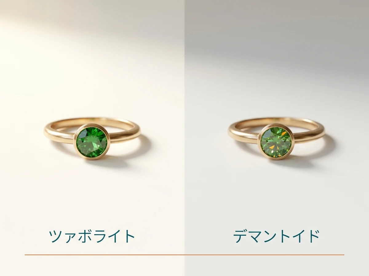 見た目がよく似た2つの緑のガーネットの指輪を並べた写真
