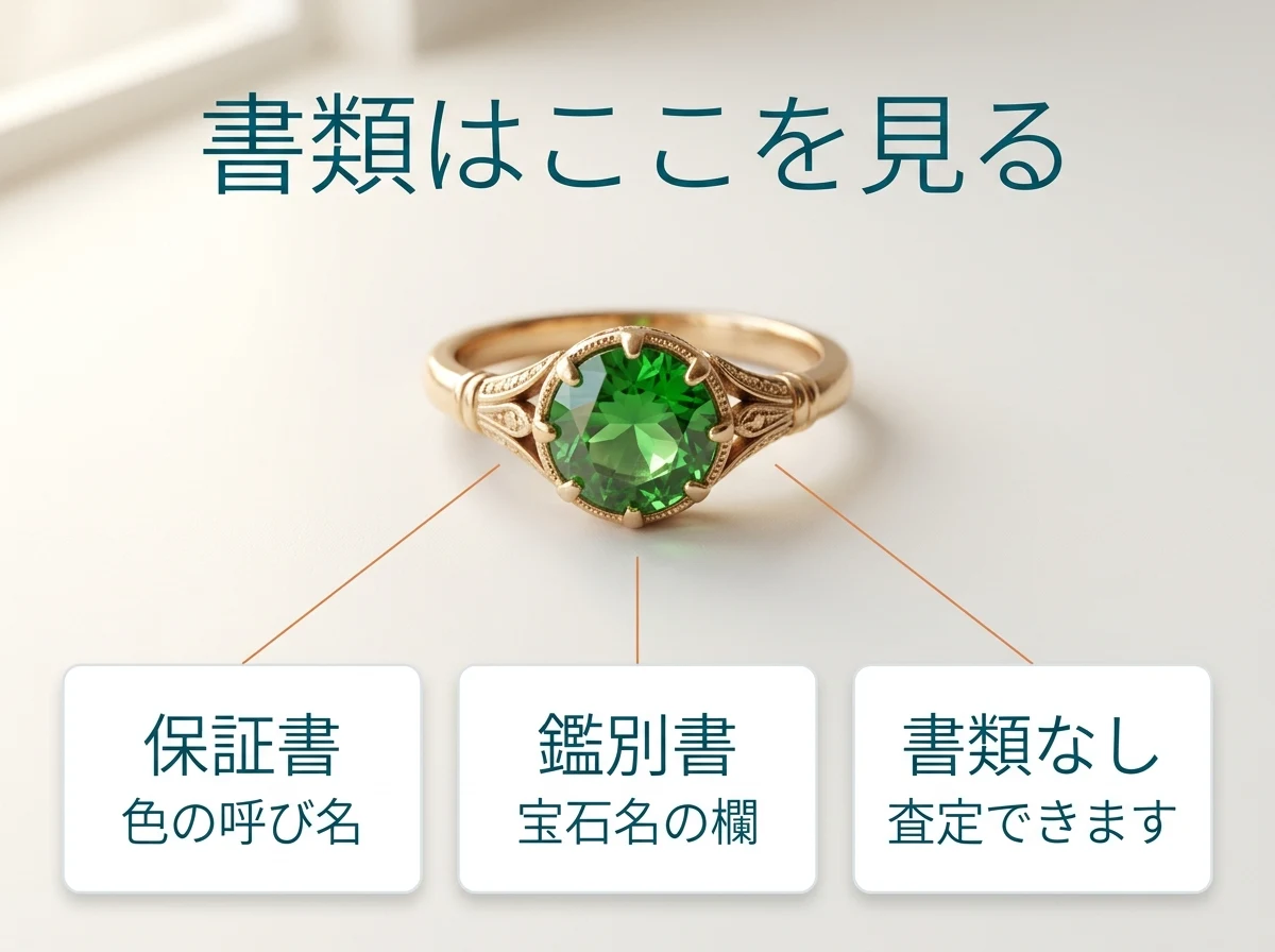 緑のガーネットの指輪について、保証書がある場合・鑑別書がある場合・書類がない場合に確認できることを並べた図