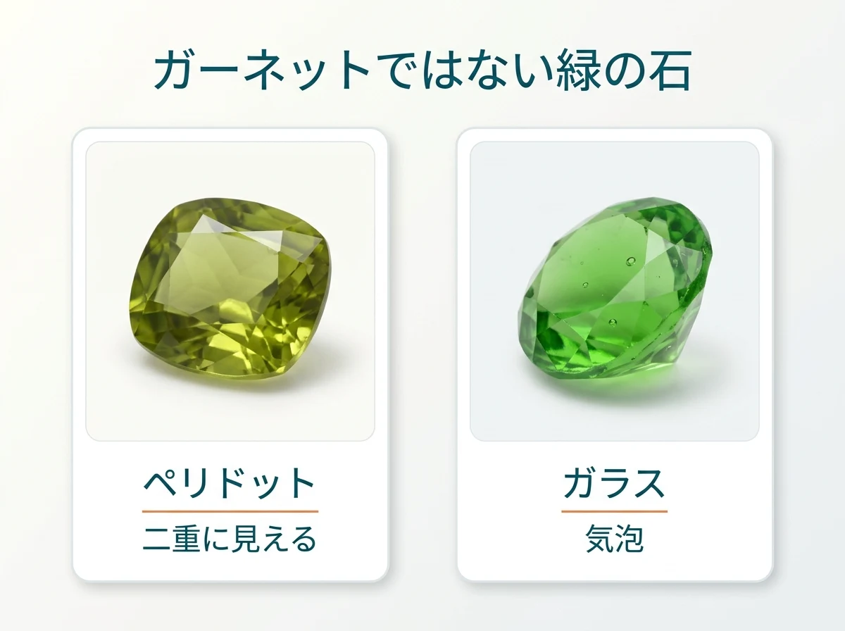 ペリドットとガラスを並べ、緑のガーネットと見分ける手がかりを示した図
