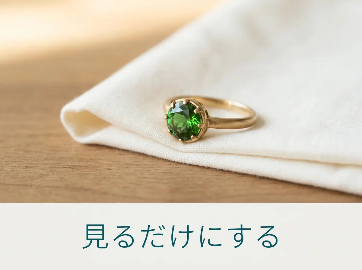 柔らかい布の上に置いたまま眺める緑のガーネットの指輪