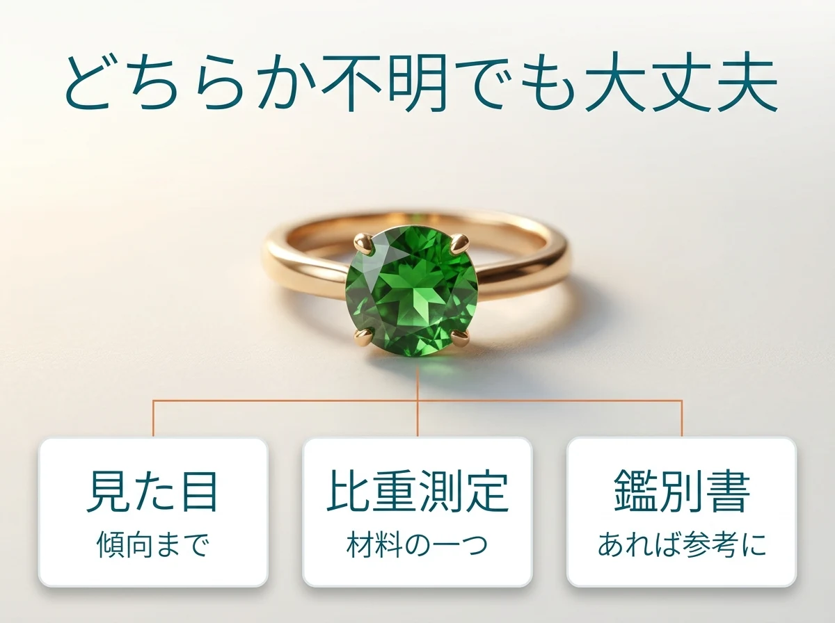 緑のガーネットの指輪の査定で、見た目・比重測定・鑑別書がそれぞれどう扱われるかを示した図