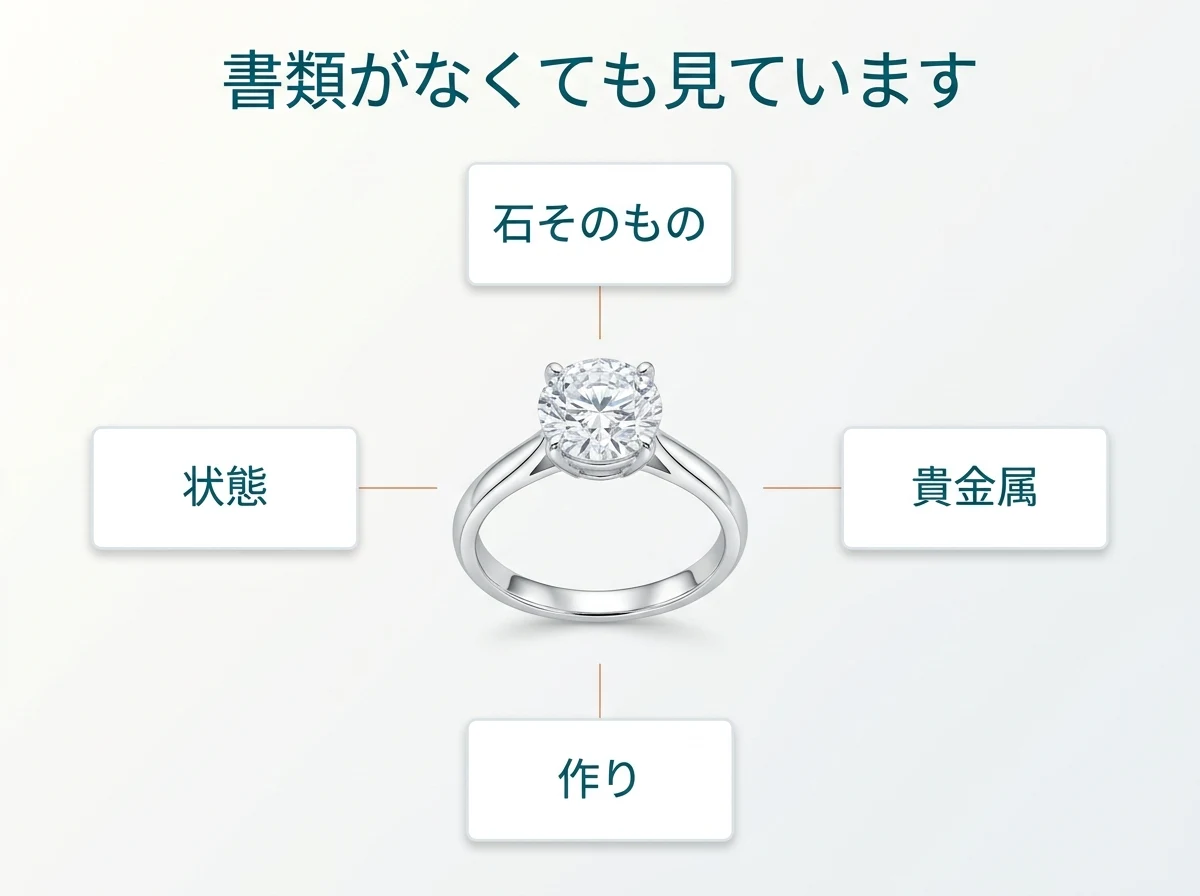 鑑定書がなくても確認できる査定項目を指輪を中心に示した図
