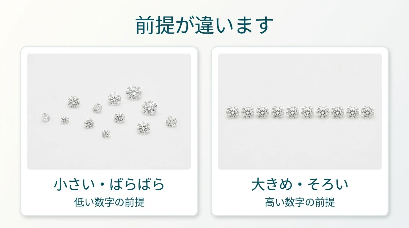 メレダイヤモンドの相場がサイトごとに違う理由を、前提の違いとして示した図