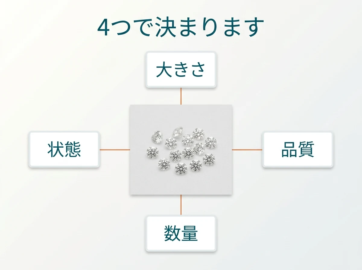 小さなダイヤモンドの評価が大きさ・品質・数量・状態で決まることを示した図