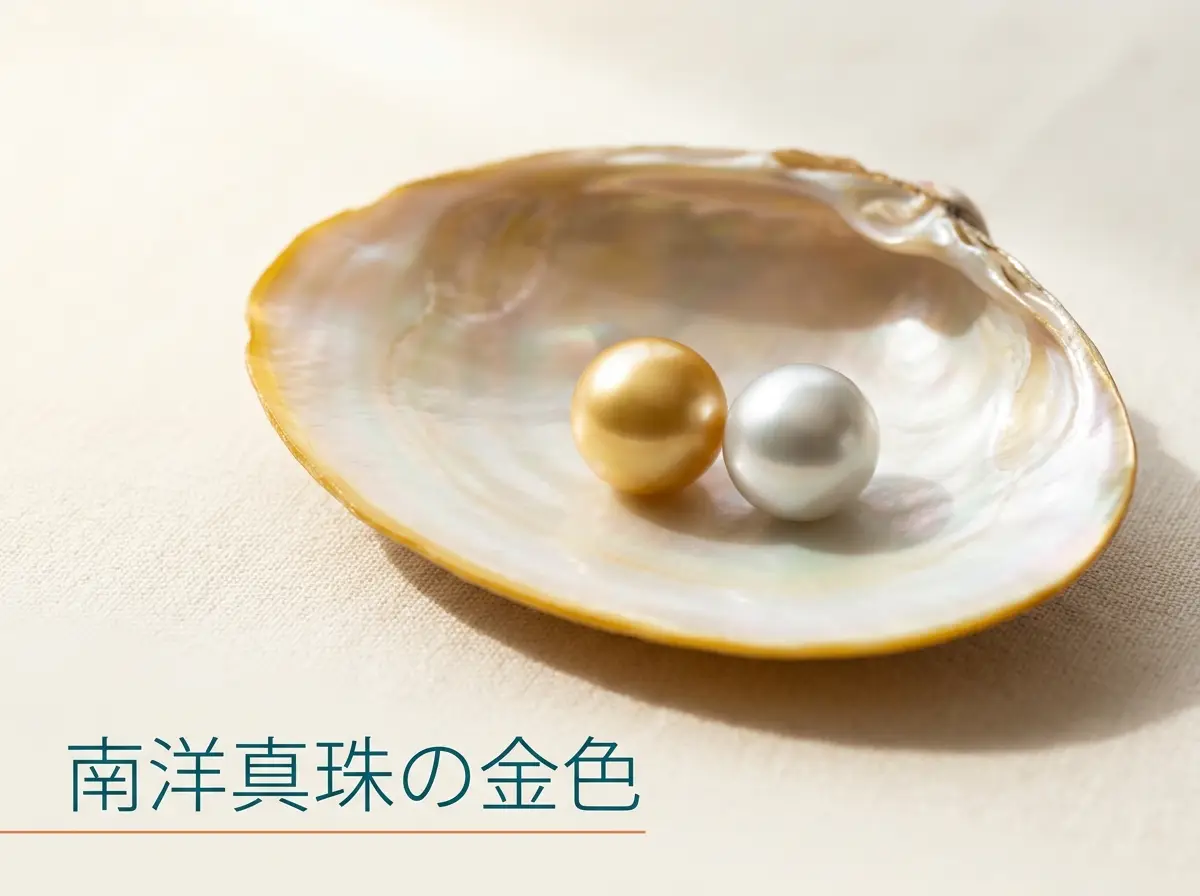 金色のふちを持つ白蝶貝の内側に、金色の真珠と白い真珠を置いた写真