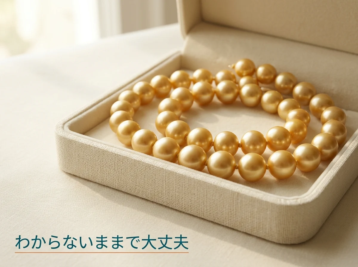 開いたジュエリーボックスの中に入ったままの金色の真珠のネックレス