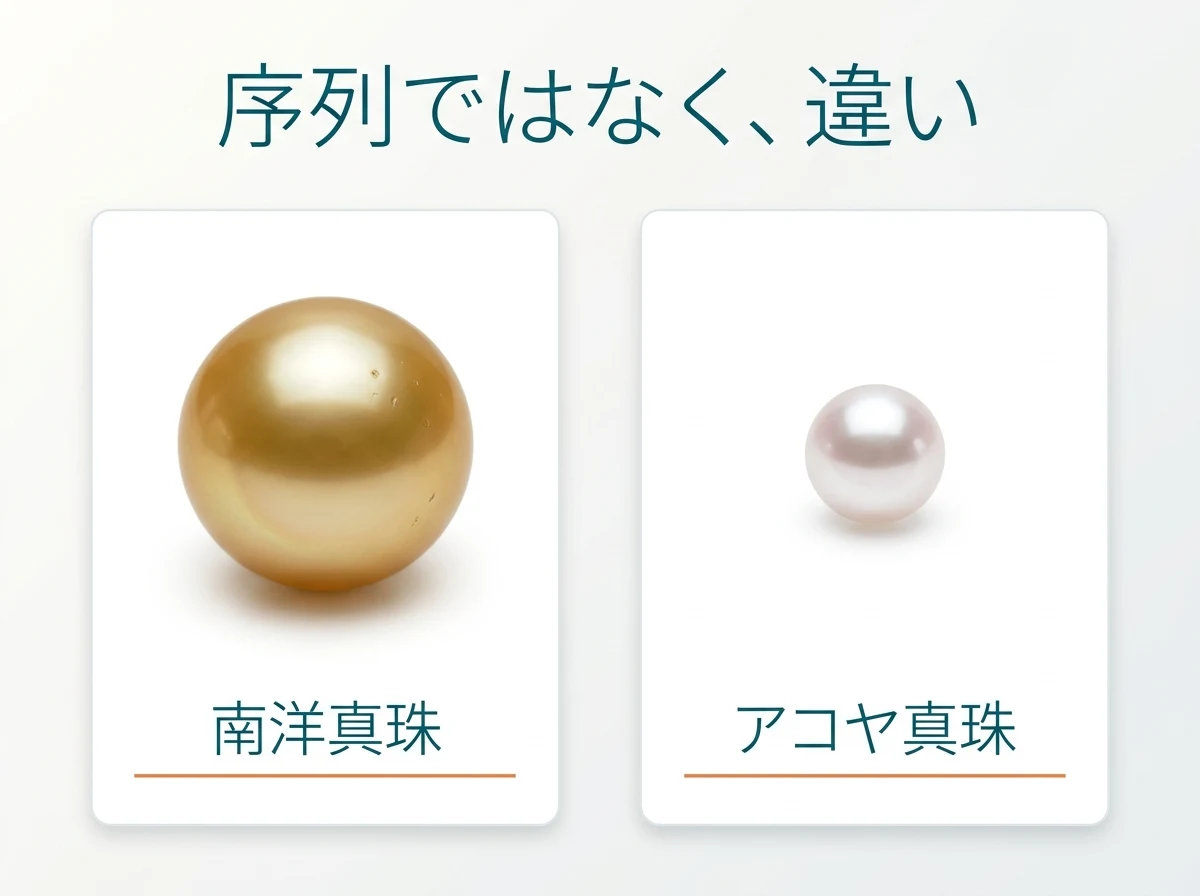大粒の金色の真珠と小粒のアコヤ真珠を同じ大きさのカードに並べた比較図