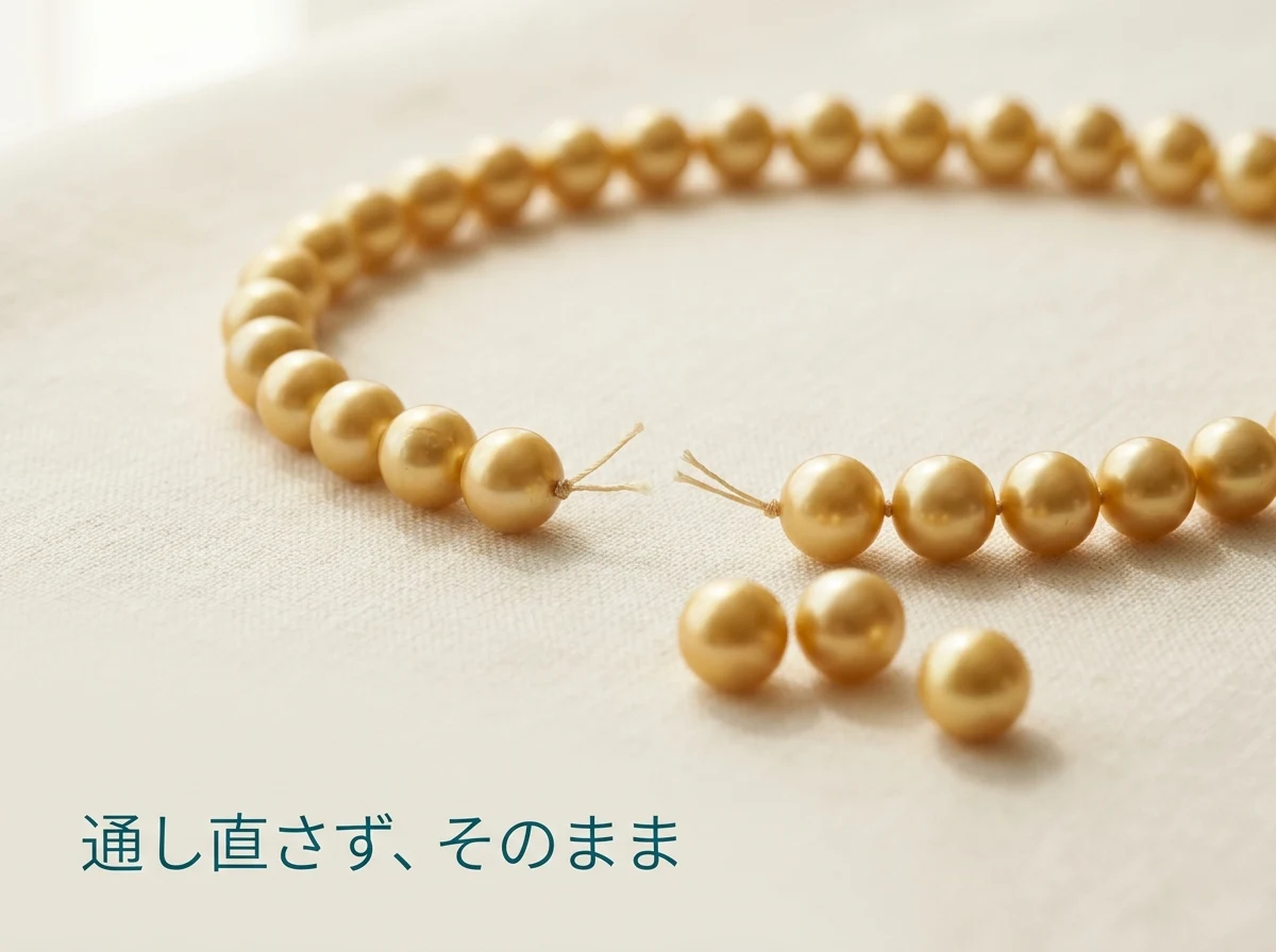 糸が切れたままの金色の真珠のネックレスを布の上に置いた写真