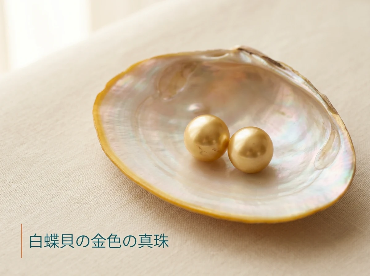 金色のふちを持つ白蝶貝の内側に金色の真珠を置いた写真