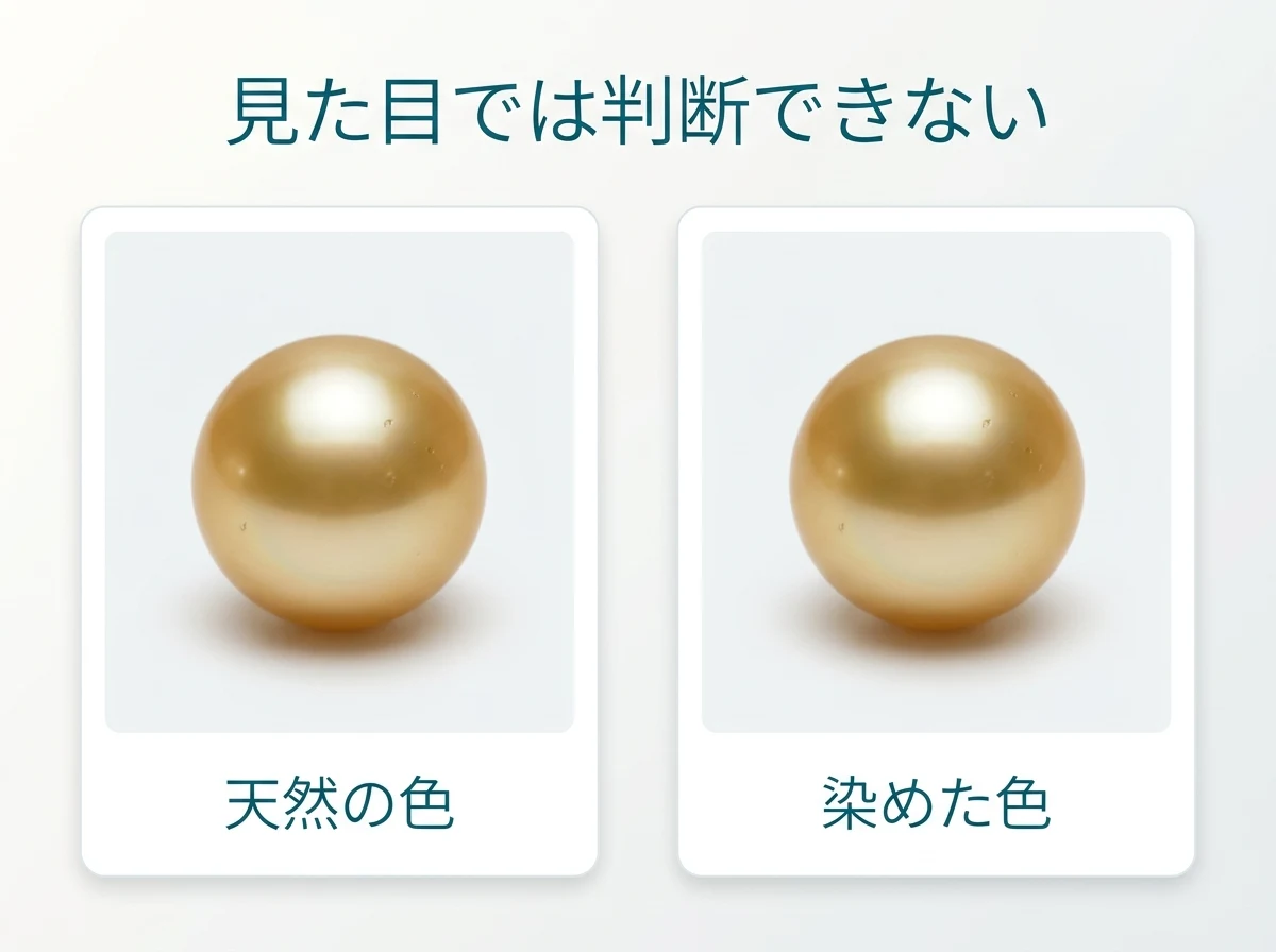 同じ見え方の金色の真珠を2枚のカードに置き、見た目では判断できないことを示す図