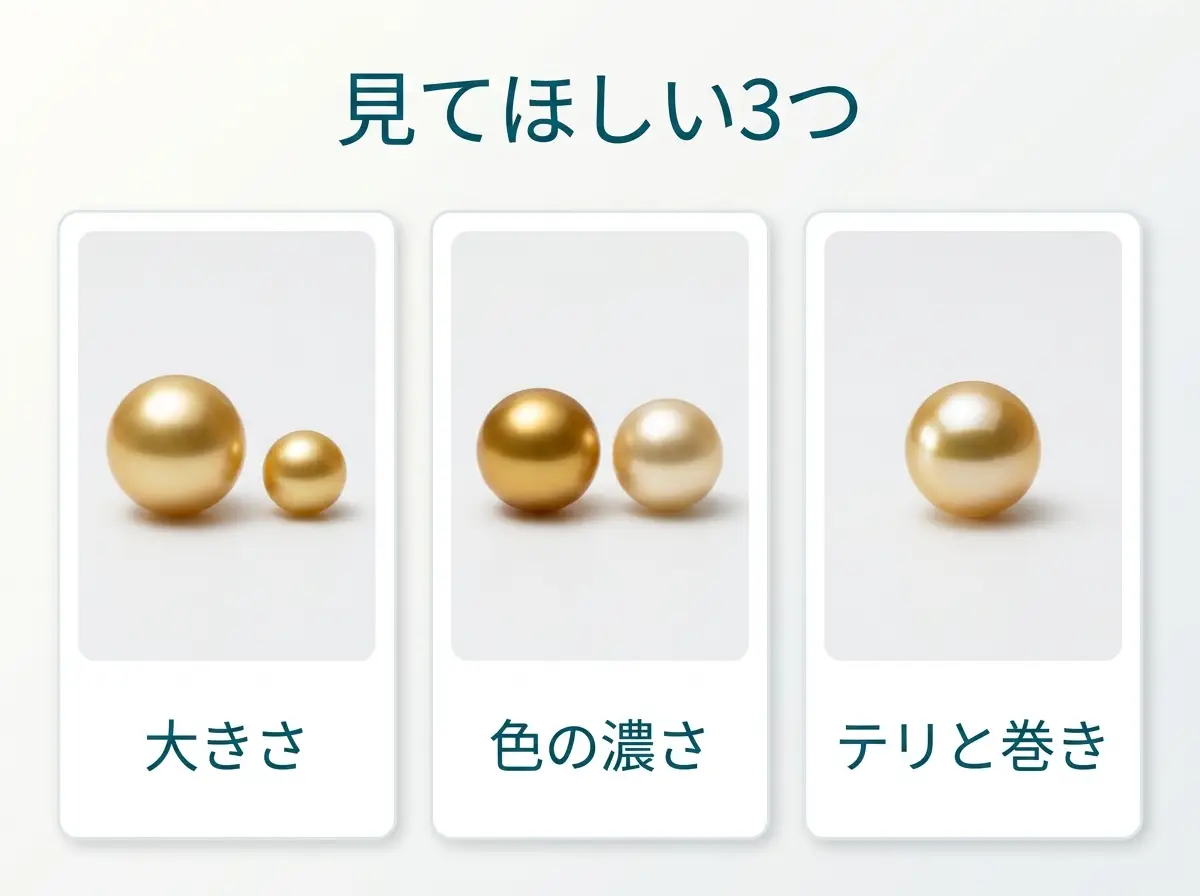 大きさ・色の濃さ・テリの3つの見どころを並べた図