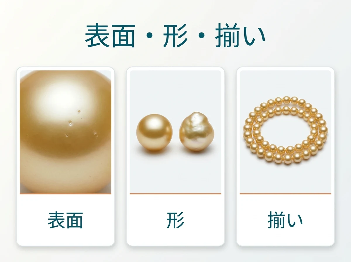 表面・形・粒の揃いの3つを並べた図