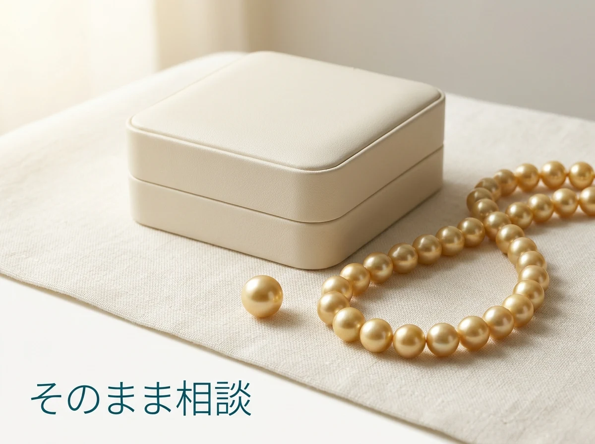 金色の真珠のネックレスと1粒の金色の真珠をジュエリーボックスのそばに置いた写真