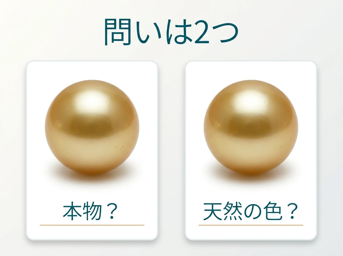 同じ金色の真珠を2枚のカードに置き、2つの問いを分けた図