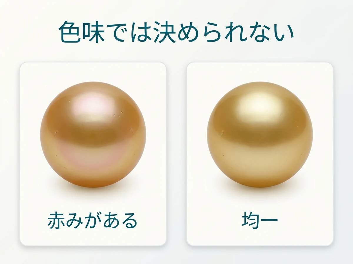 赤みのある金色の真珠と均一な金色の真珠を並べた比較図