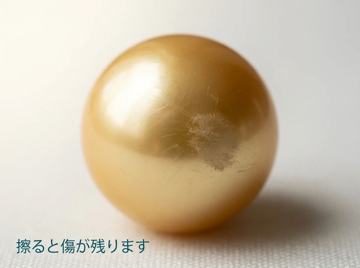 表面に擦り傷のついた金色の真珠の拡大写真