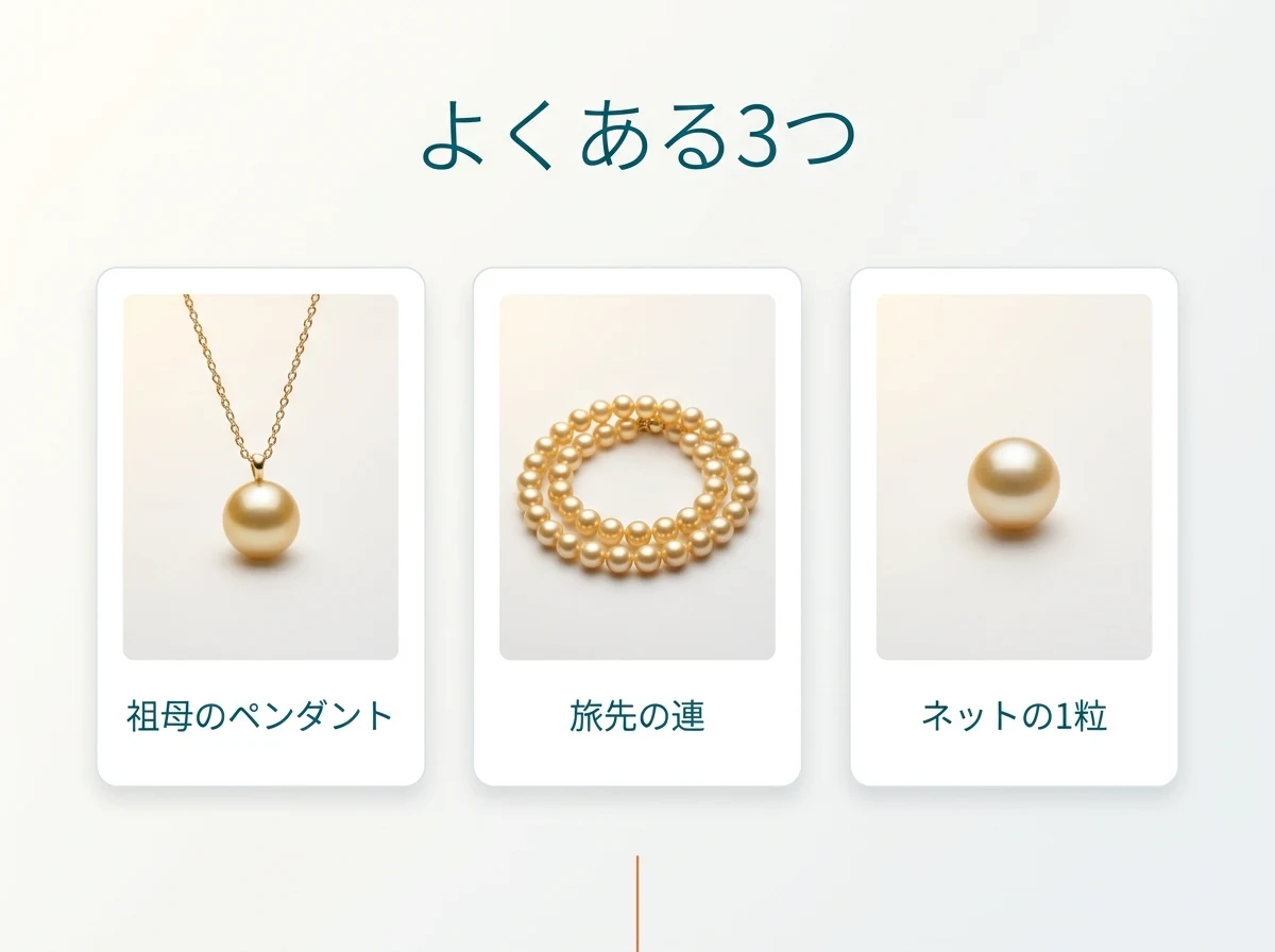 金色の真珠のペンダント・金色の真珠の連・1粒の金色の真珠の3つを並べた図