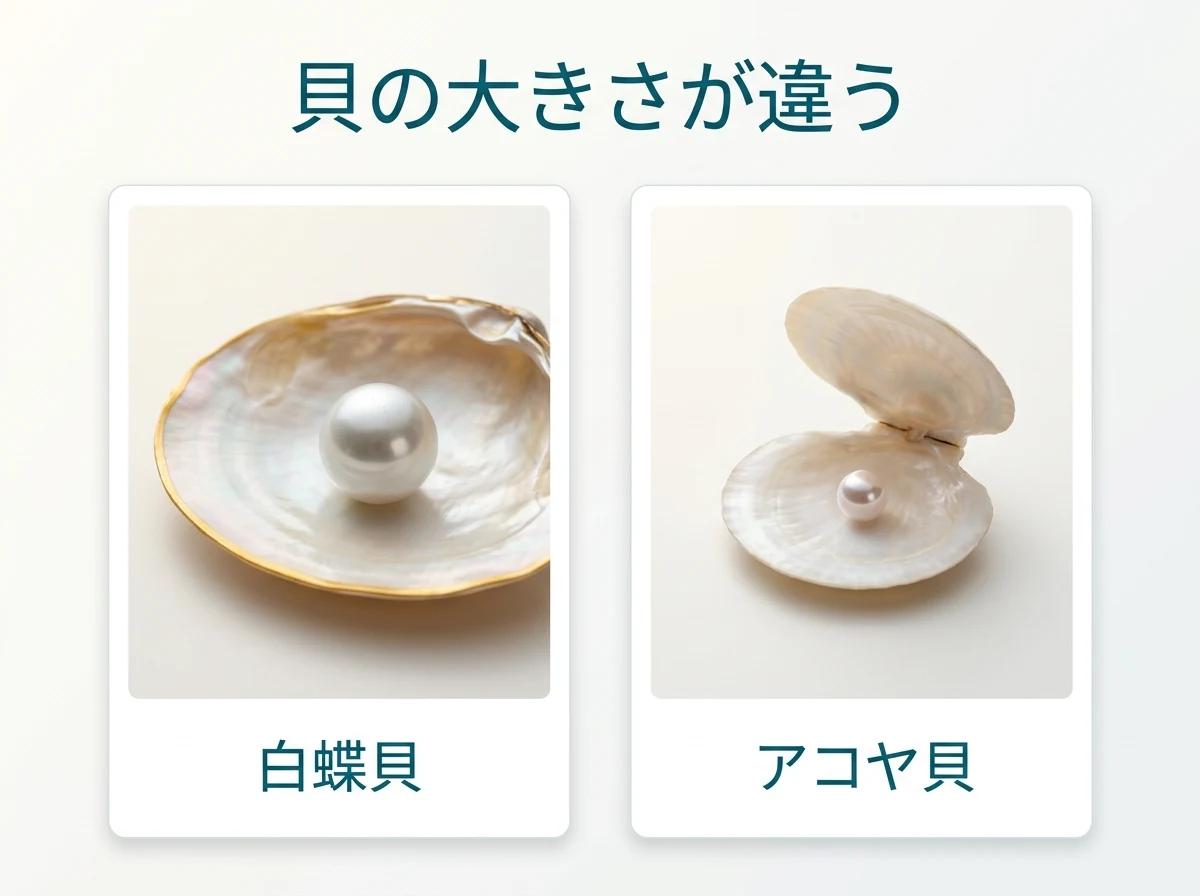 大きな白蝶貝と小さなアコヤ貝を並べた比較図