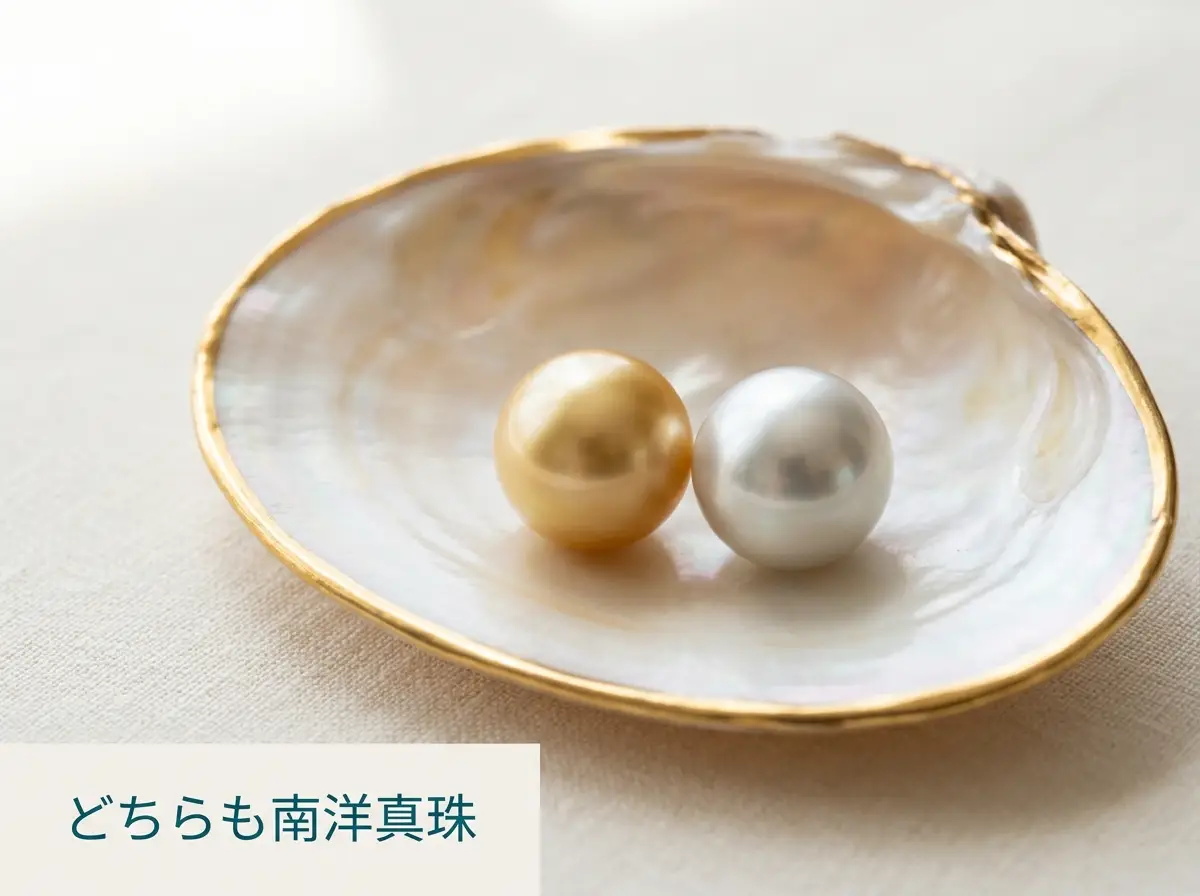 金色の真珠と白い真珠を白蝶貝の上に並べた写真