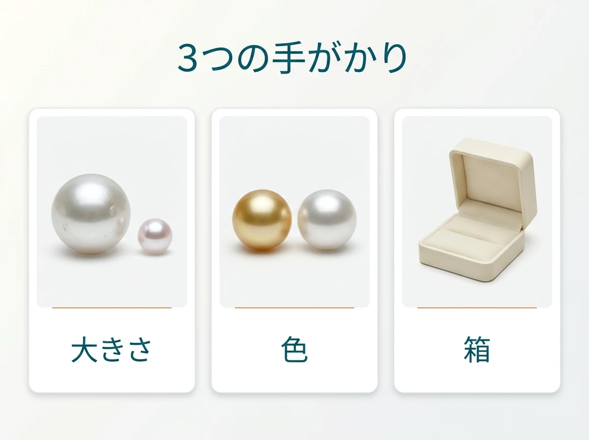 粒の大きさ・色・箱の3つの手がかりを並べた図