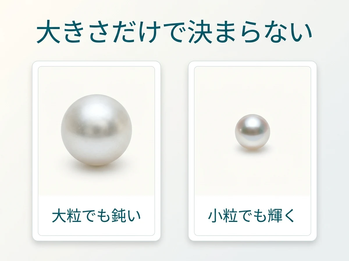 大粒でも鈍い真珠と、小粒でも輝く真珠を並べた比較図