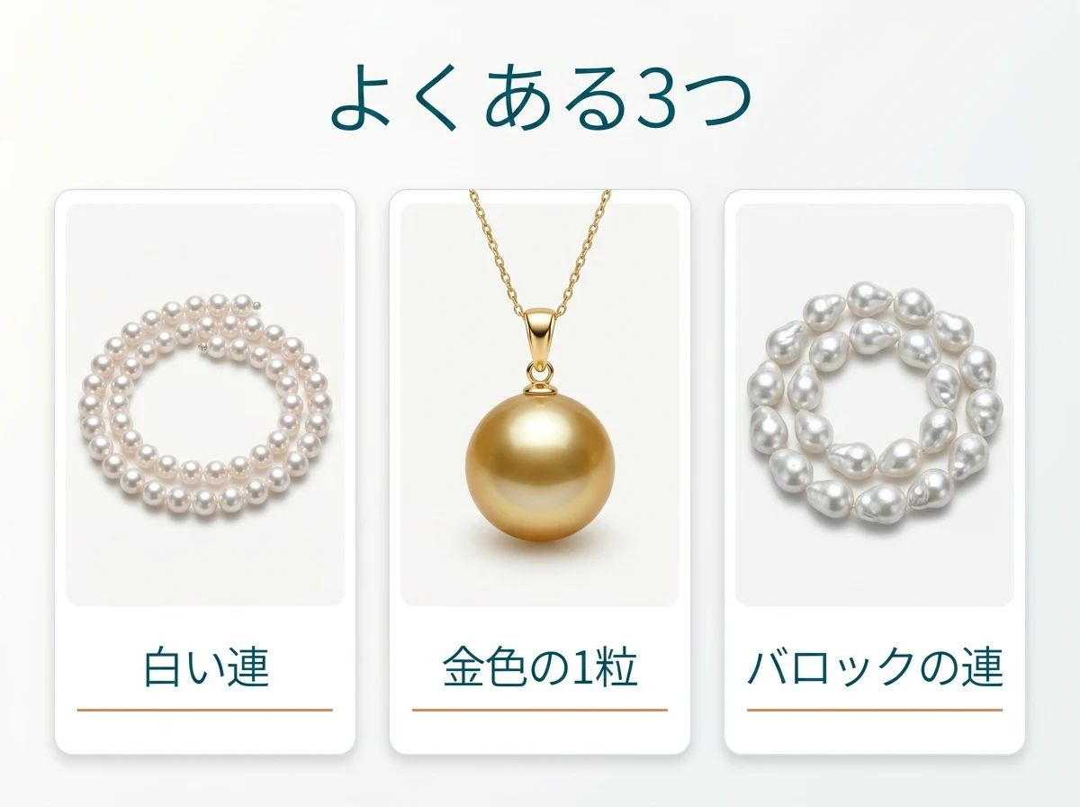 白い真珠の連・金色の真珠のペンダント・バロックの連の3つを並べた図