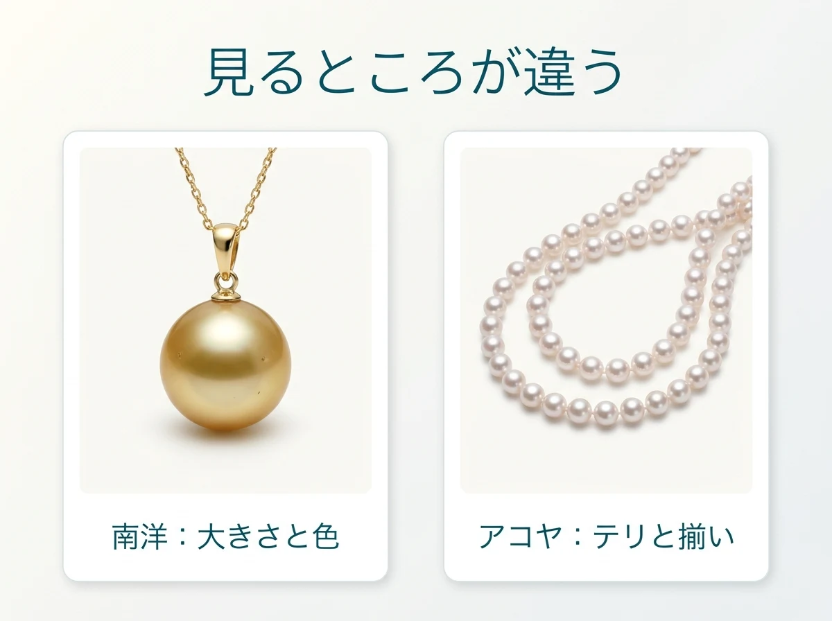 南洋真珠のペンダントとアコヤ真珠のネックレスを並べ、見るところの違いを示した図