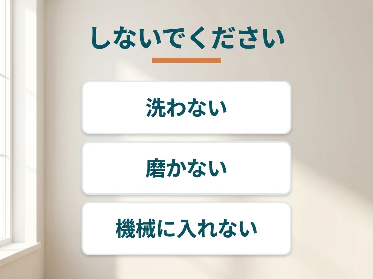 売る前に洗わない・磨かない・機械に入れないことを示した図