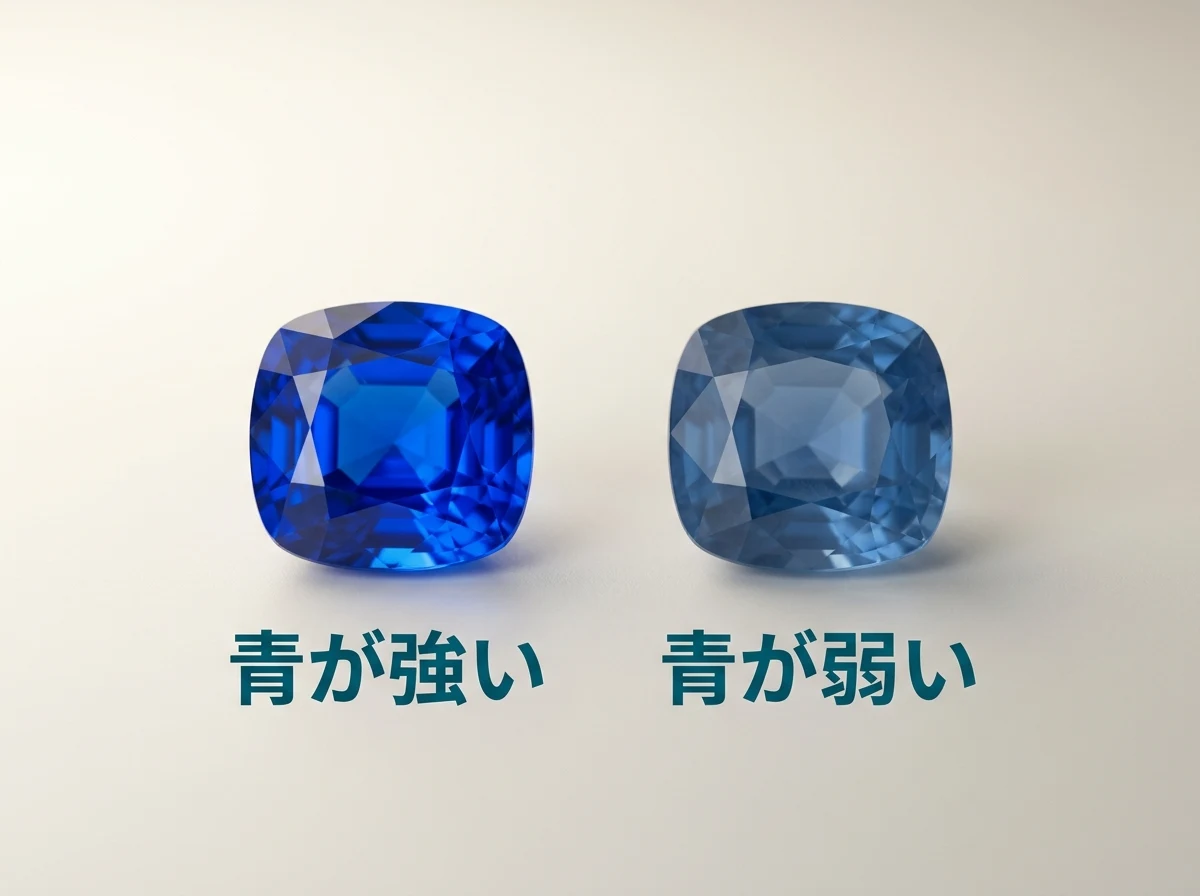 青が強く出た石と、同じ青でも力の弱い石を並べた写真