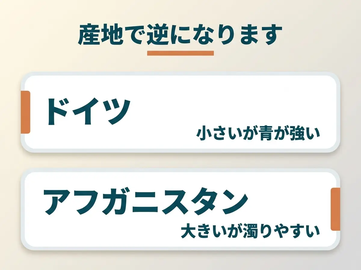ドイツ産とアフガニスタン産で良いところと惜しいところが逆に出ることを示した図