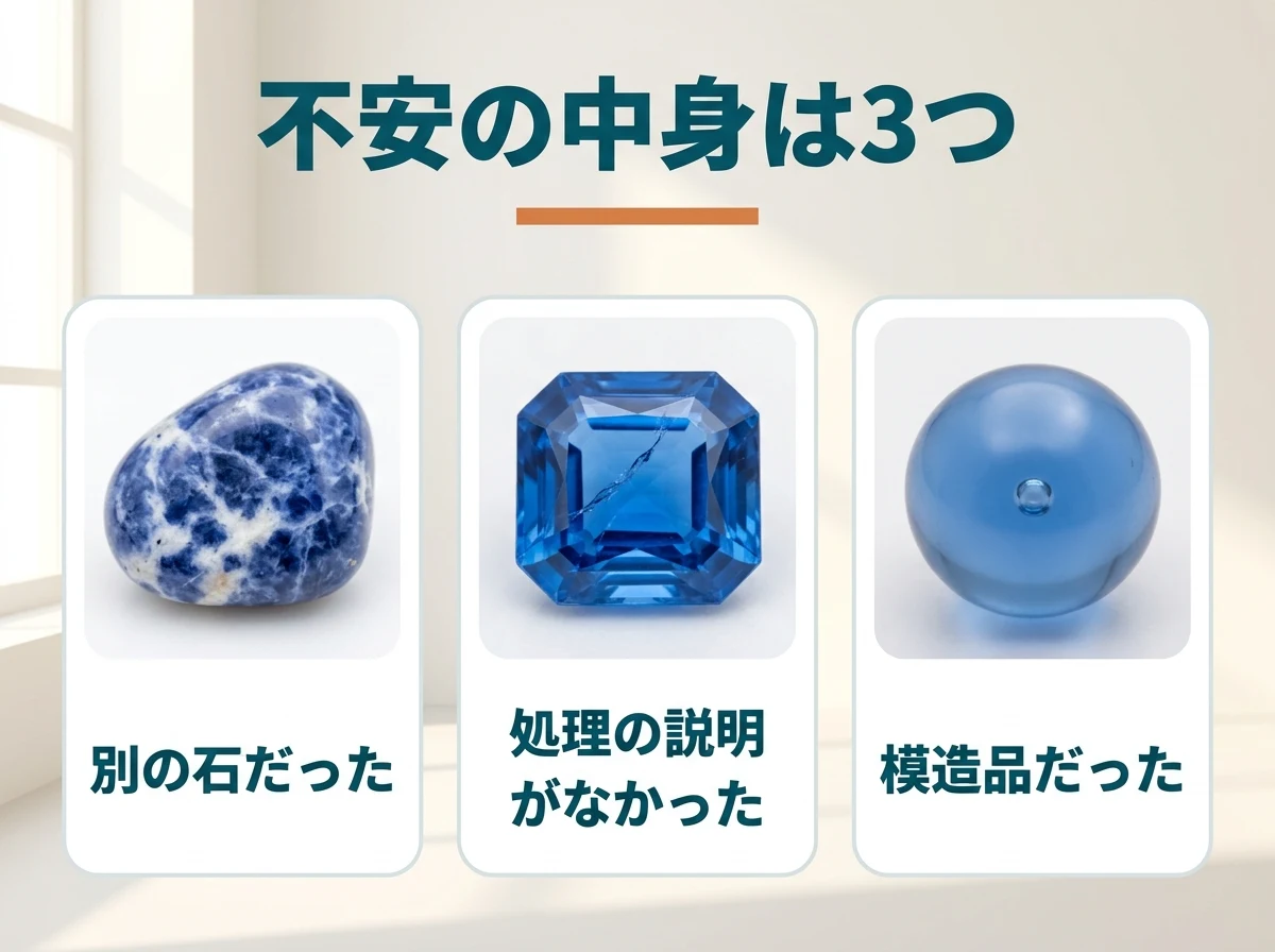 偽物への不安が別の石・処理の説明がない・模造品の3つに分かれることを示した図