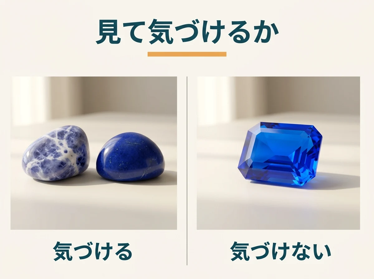 白い脈のある石と不透明な石は見て気づけるが透明な青い石は気づけないことを示した比較図