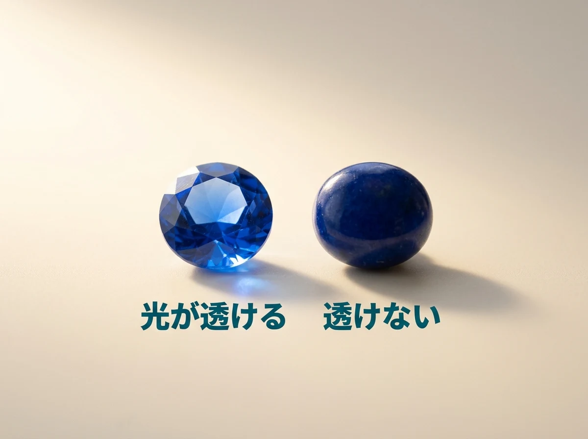 光が透ける透明な青い石と光が透けない不透明な青い石を並べた写真